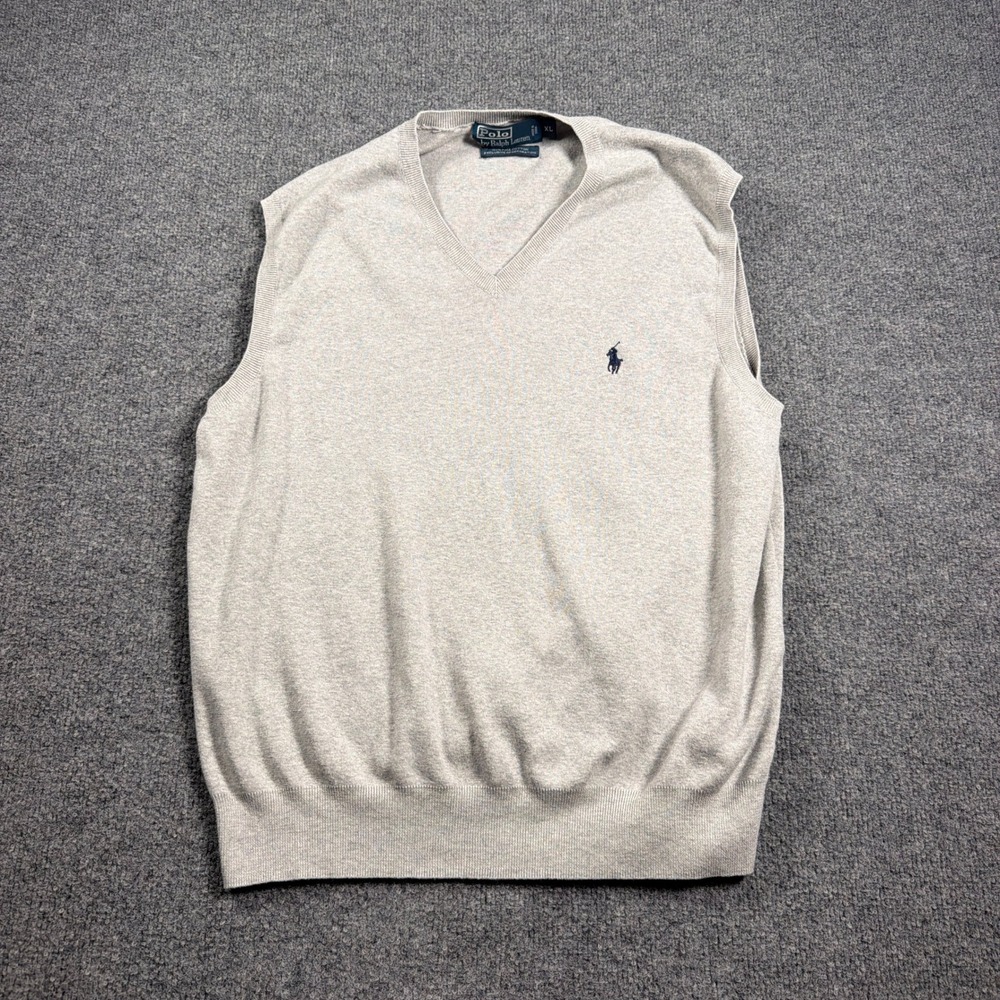 VTG Polo Ralph Lauren Sweater Vest Pima Cotten Men XL Gray V-Neck Classic Logo